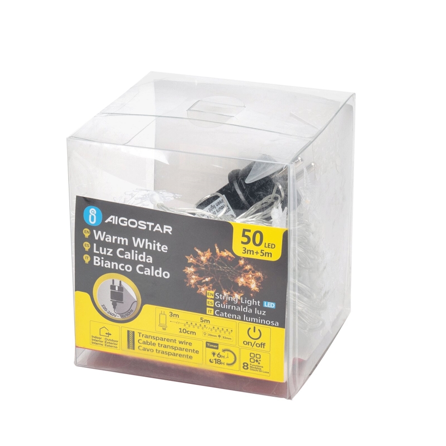 Aigostar - Guirlande de Noël extérieure 50xLED/8 fonctions 8m IP44 blanc chaud