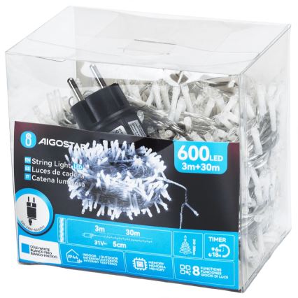 Aigostar - Guirlande de Noël extérieure 600 LED / 8 fonctions, 33 m, IP44, blanc froid