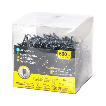 Aigostar - Guirlande de Noël extérieure 600xLED/8 fonctions 18m IP44 blanc chaud