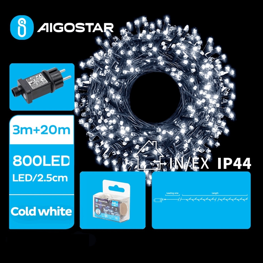 Aigostar - Guirlande de Noël extérieure 800xLED/8 fonctions 23m IP44 blanc froid