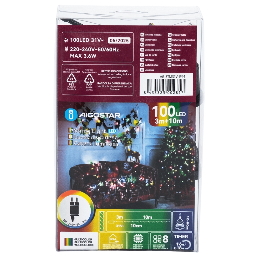 Aigostar - Guirlande de Noël extérieure à LED 100 LED / 8 fonctions, 13 m, IP44, multicolore