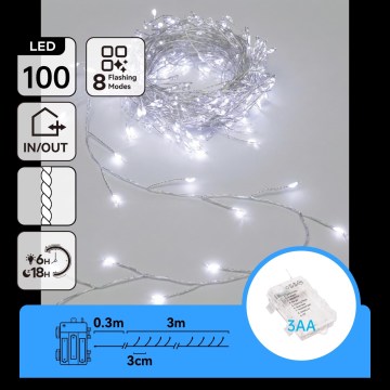 Aigostar - Guirlande de Noël extérieure LED 100xLED/8 fonctions 3xAA 3,3m IP44 blanc froid