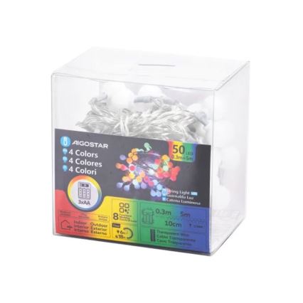 Aigostar - Guirlande de Noël extérieure LED 50 LED, alimentation 3x AA, 8 fonctions, 5,3 m, IP44, multicolore