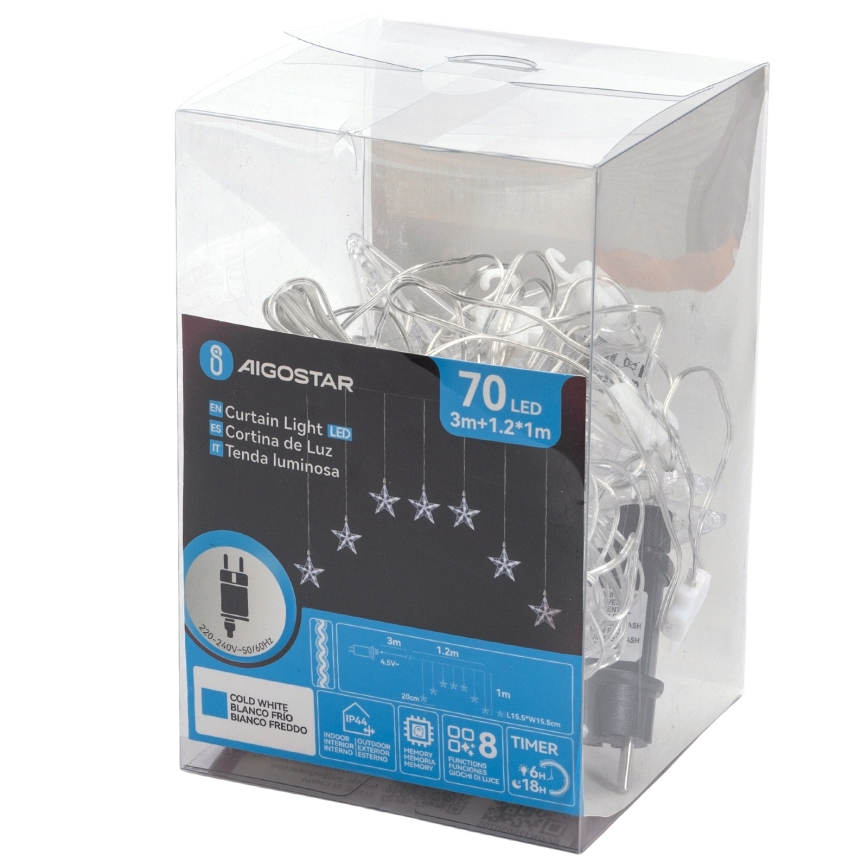 Aigostar - Guirlande LED de Noël d'extérieur 70 LED, 1,2 x 1 m, IP44, blanc froid, à motif étoiles