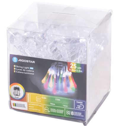 Aigostar - Guirlande de Noël LED d'extérieur 25 LED, 8 fonctions, 3 × piles AA, 2,5 m, IP44, gouttes multicolores