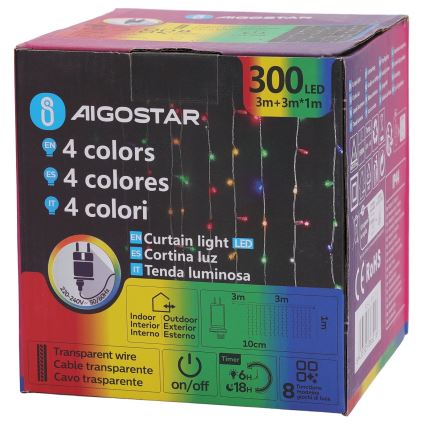 Aigostar - LED RGBY Guirlande de Noël extérieure 300xLED/8 modes d'éclairage 3x1m IP44 + télécommande