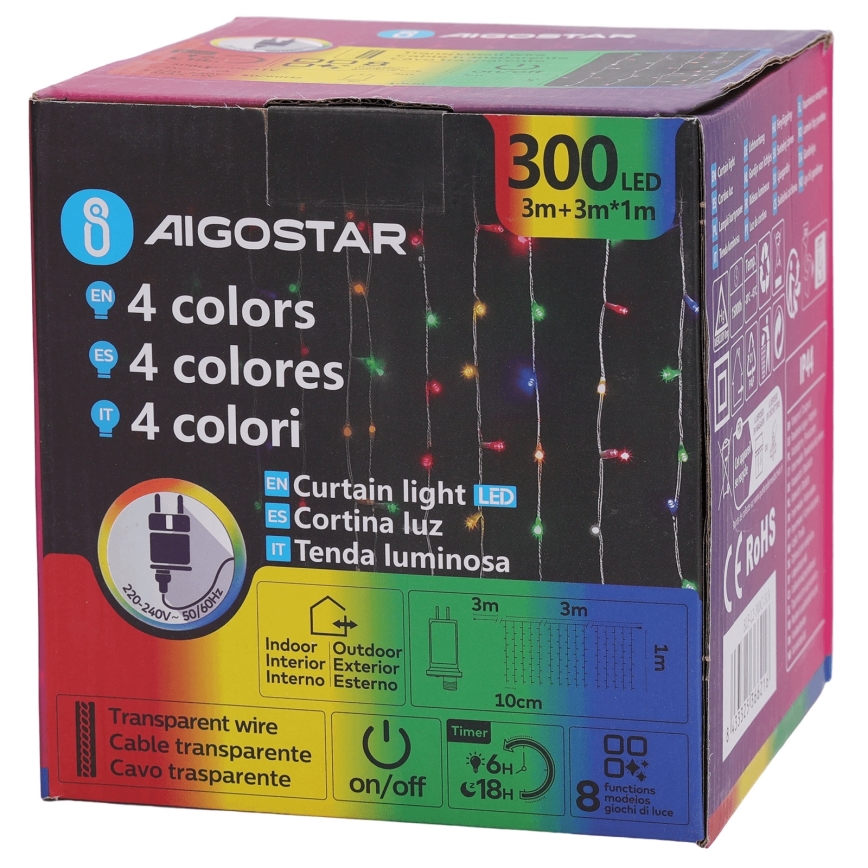 Aigostar - Guirlande LED RGBY extérieure 300xLED/8 fonctions 3x1m IP44 + télécommande