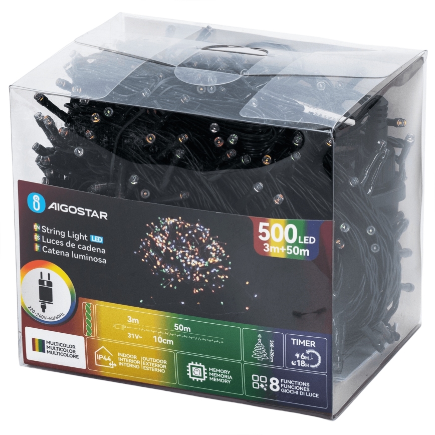 Aigostar - Guirlande de Noël LED extérieure 500 LED, 8 fonctions, 50 m, IP44, multicolore