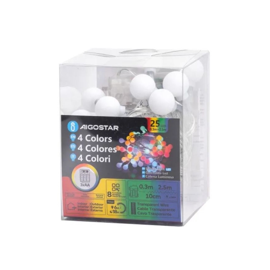 Aigostar - Guirlande de noël extérieure RGBY 25xLED/3xAA/8 fonctions 2,8 m IP44