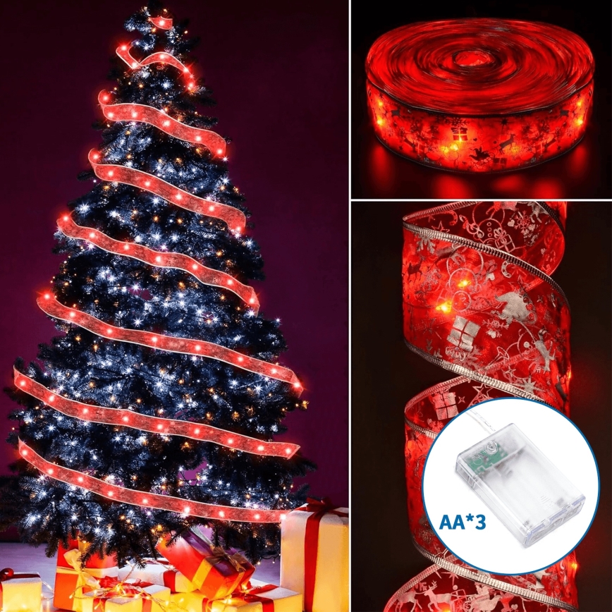 Aigostar - Guirlande de Noël LED 100 LED, 10 m, alimentée par 3×AA, blanc chaud et rouge