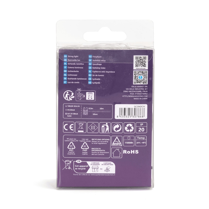 Aigostar - Guirlande de Noël LED 100xLED/3xAA 10,3m blanc froid