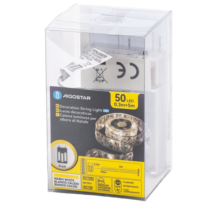 Aigostar - Guirlande lumineuse de Noël LED 50xLED/3xAA, 5 m, blanc chaud, argenté
