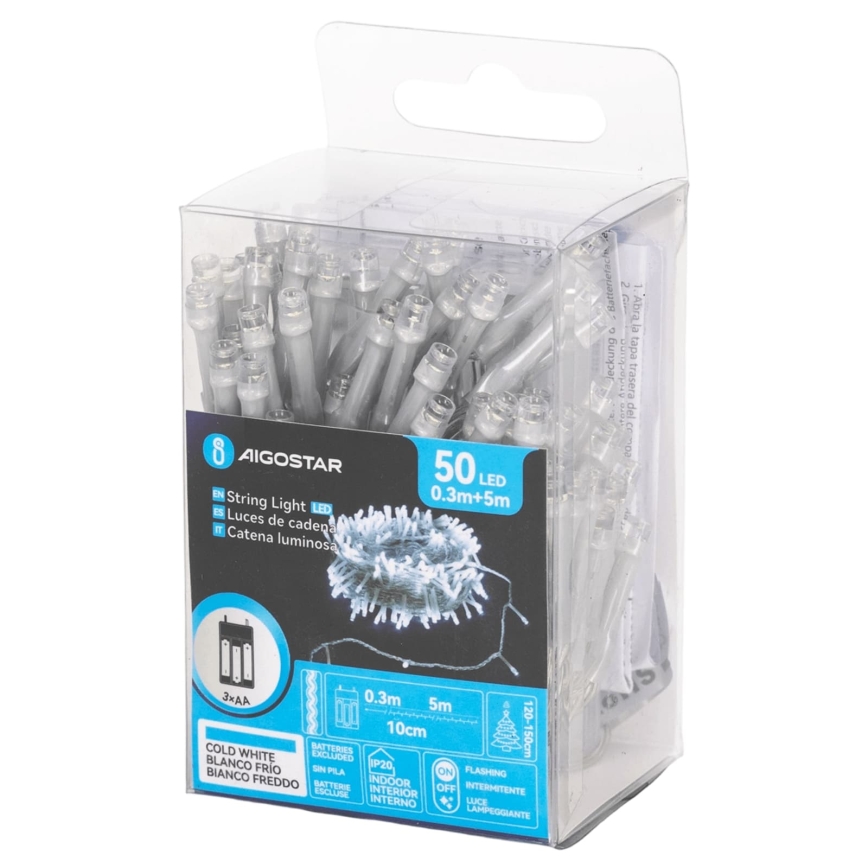 Aigostar - Guirlande de Noël LED 50xLED/3xAA 5,3m blanc froid