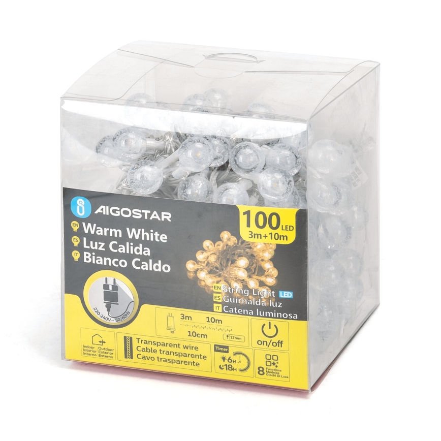 Aigostar - Guirlande de Noël LED d'extérieur 100 LED / 8 modes 13 m IP44 blanc chaud
