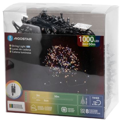 Aigostar - Guirlande de Noël LED d'extérieur 1000 LED/8 fonctions 53 m IP44 multicolore
