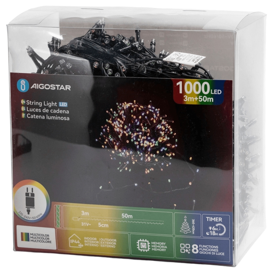 Aigostar - Guirlande de Noël LED d'extérieur 1000 LED/8 fonctions 53 m IP44 multicolore