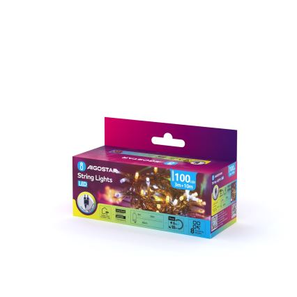 Aigostar - Guirlande de Noël LED extérieure 100 LED / 8 fonctions, 13 m, IP44, blanc chaud/blanc froid