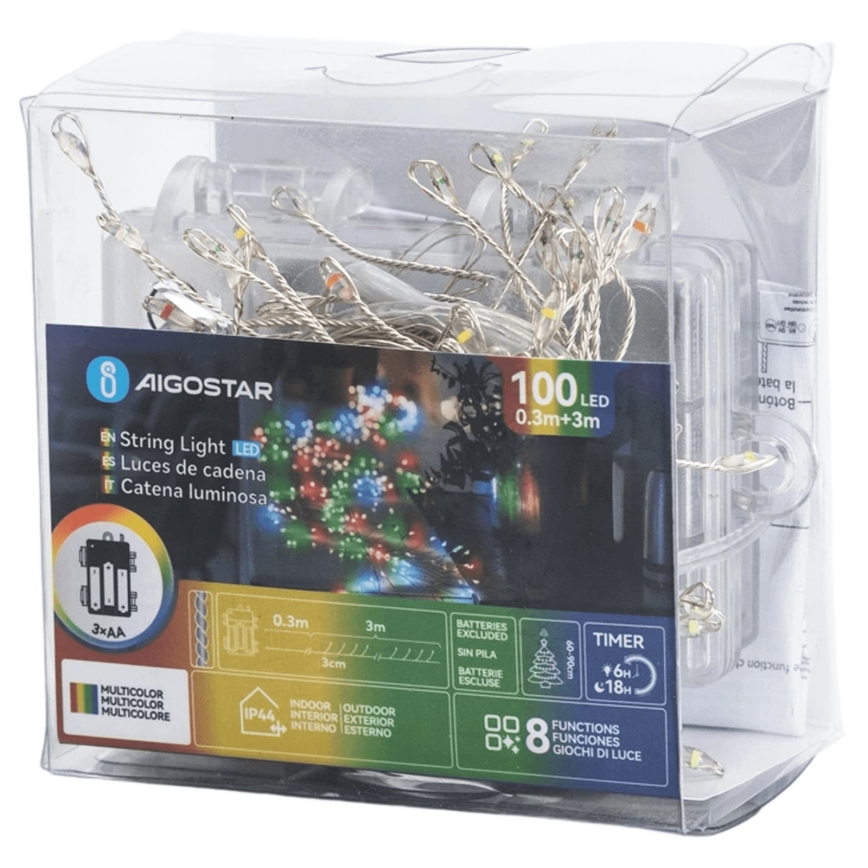 Aigostar - Guirlande de Noël LED d'extérieur 100xLED/8 fonctions 3xAA 3,3m IP44 multicolore