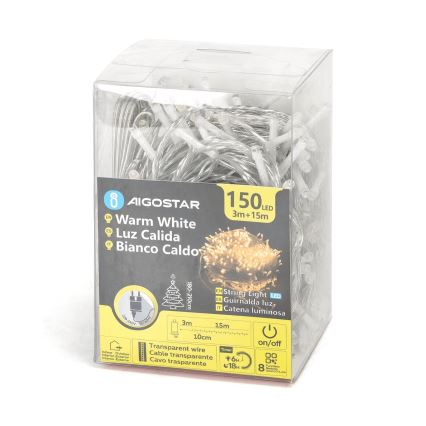 Aigostar - Guirlande de Noël LED d'extérieur 150 LED / 8 fonctions 18 m IP44 blanc chaud