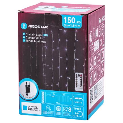 Aigostar - Guirlande LED extérieure 150xLED/6W/230V/8 fonctions 1,5x1m IP44 blanc froid + télécommande