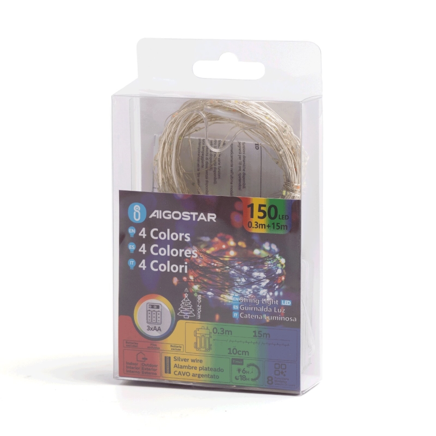 Aigostar - Guirlande LED de Noël d'extérieur 150xLED/8 fonctions/3xAA 15,3m IP44 multicolore