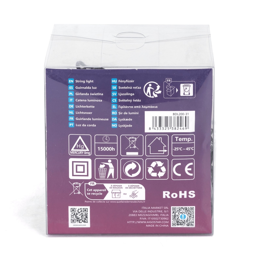 Aigostar - Guirlande de Noël LED d'extérieur 200 LED, 8 fonctions, 13 m, IP44, blanc chaud