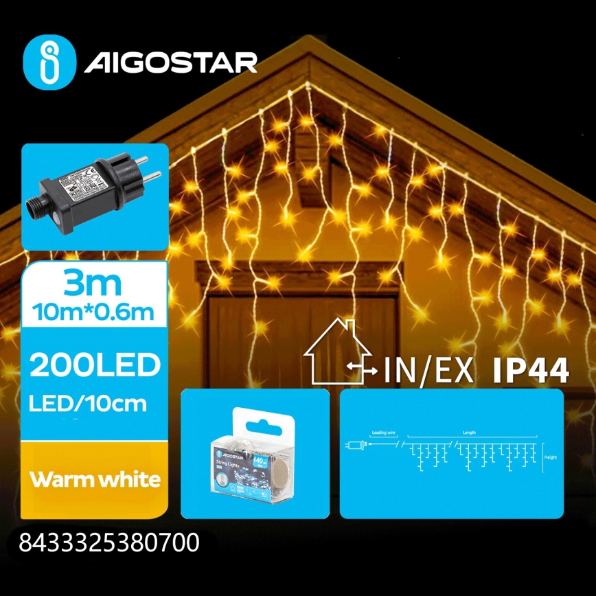Aigostar - Guirlande de Noël LED d'extérieur 200 LED / 8 modes 13 x 0,6 m IP44 blanc chaud