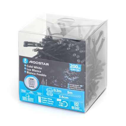 Aigostar - Guirlande de Noël LED d'extérieur 200xLED/8 fonctions 3xAA 5,3 m IP44 blanc froid