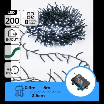 Aigostar - Guirlande de Noël LED d'extérieur 200xLED/8 fonctions 3xAA 5,3 m IP44 blanc froid