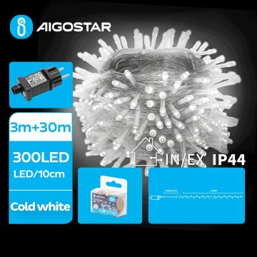 Aigostar - Guirlande de Noël LED d'extérieur 300 LED/8 fonctions 33 m IP44 blanc froid