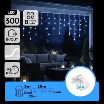 Aigostar - Guirlande de Noël LED d'extérieur 300 LED, 8 fonctions, 3xAA, 18 x 0,6 m, IP44, blanc froid