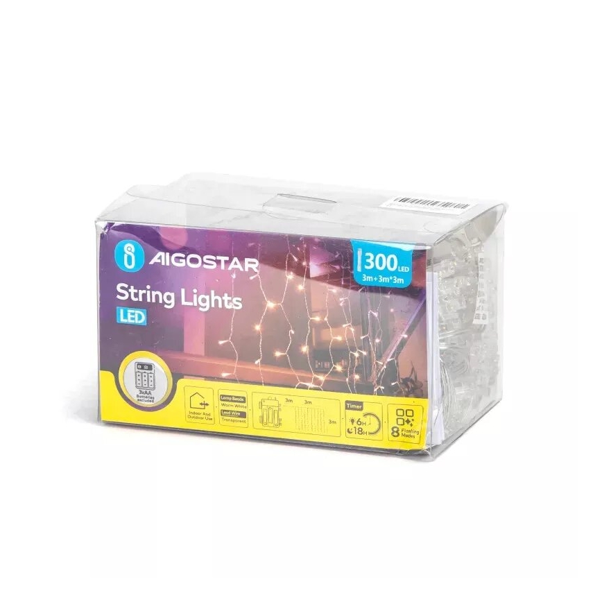 Aigostar - Guirlande de Noël LED d'extérieur 300 LED, 8 fonctions, 3xAA, 6x3m, IP44, blanc chaud