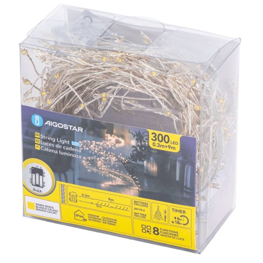Aigostar - Guirlande de Noël LED d'extérieur 300 LED/8 fonctions 3xAA 9,3 m IP44 blanc chaud