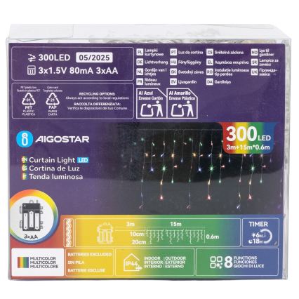 Aigostar - Guirlande de Noël LED extérieure 300xLED/8 fonctions 3xAA 18x0,6 m IP44 multicolore