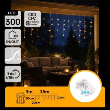 Aigostar - Guirlande de Noël LED d'extérieur 300xLED/8 modes 3xAA 18x0,6 m IP44 blanc chaud