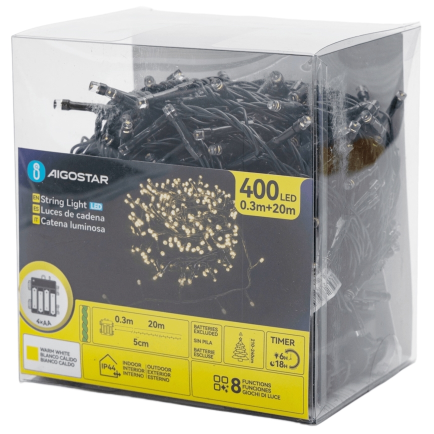 Aigostar - Guirlande LED extérieure de Noël 400xLED/8 fonctions 4xAA 20,3 m IP44 blanc chaud