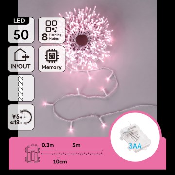 Aigostar - Guirlande de Noël LED d'extérieur 50 LED/8 fonctions 3 x AA 5,3 m IP44 rose