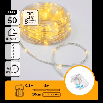 Aigostar - Guirlande de Noël LED d'extérieur 50 LED/8 fonctions 3xAA 5,3 m IP44 blanc chaud
