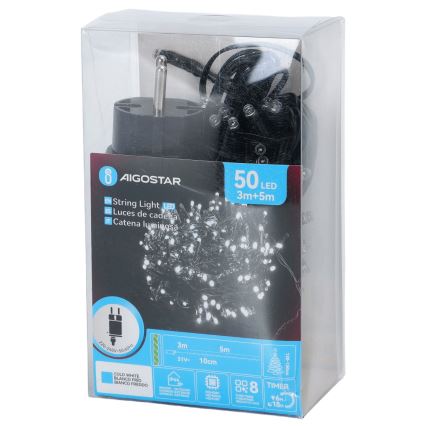 Aigostar - Guirlande de Noël LED d'extérieur 50 LED, 8 fonctions, 8 m, IP44, blanc froid
