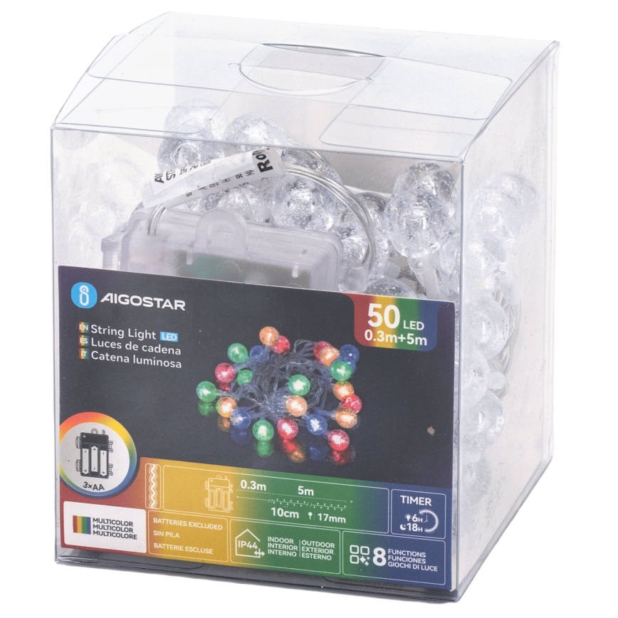 Aigostar - Guirlande de Noël LED d'extérieur 50xLED/8 fonctions 3xAA 5,3m IP44 multicolore