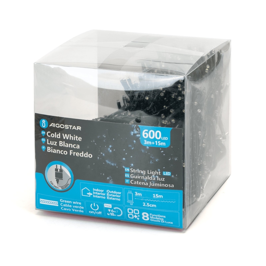 Aigostar - Guirlande de Noël LED d'extérieur 600 LED, 8 fonctions, 18 m, IP44, blanc froid
