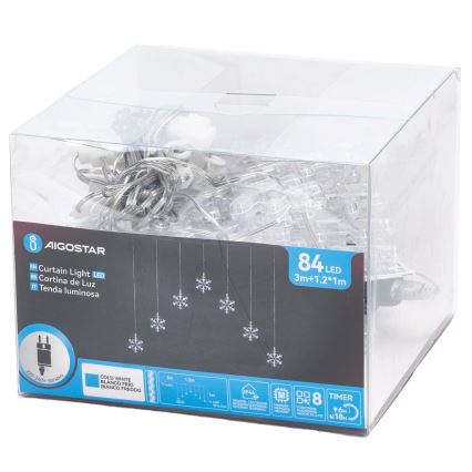 Aigostar - Guirlande de Noël LED d'extérieur 84xLED/8 fonctions 1,2x1m IP44 blanc froid flocons