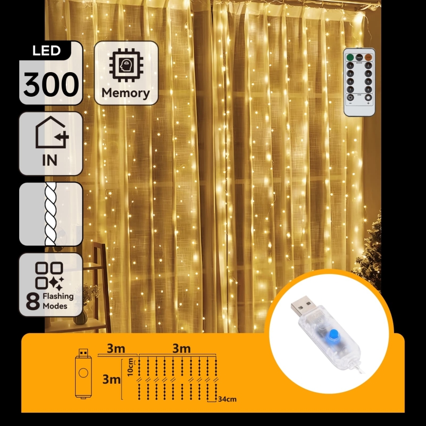 Aigostar - Guirlande de Noël LED dimmable 300xLED/8 fonctions USB 6x3m blanc chaud + télécommande