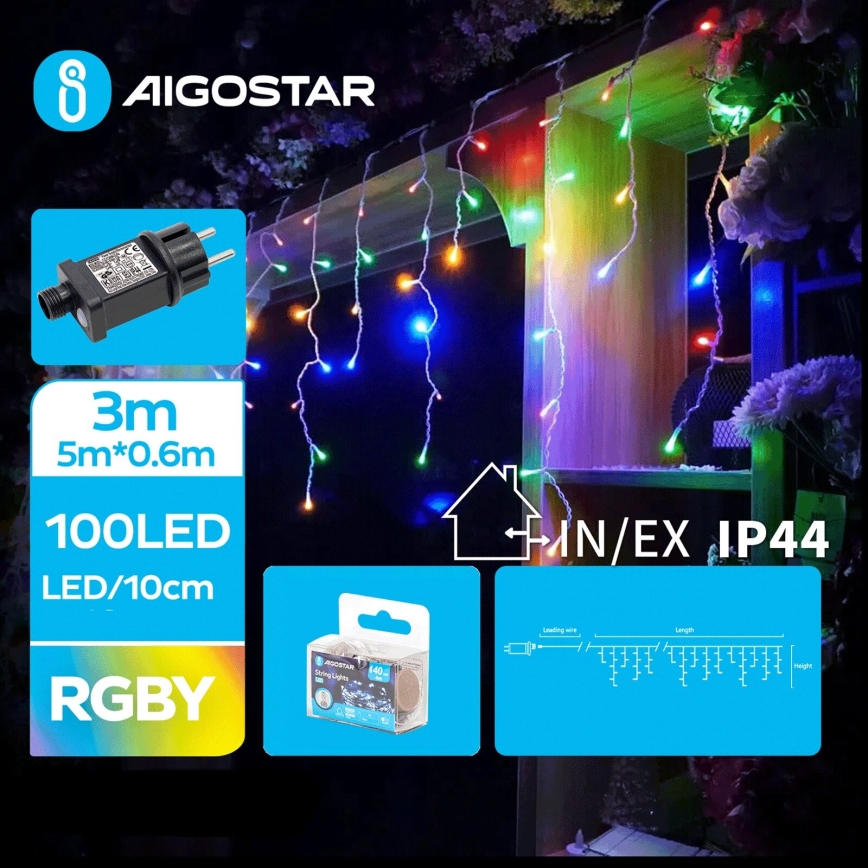 Aigostar - Guirlande de Noël LED extérieure 100 LED, 8 fonctions, 8 x 0,6 m, IP44, multicolore