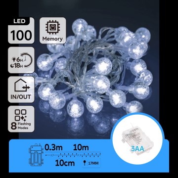 Aigostar - Guirlande de Noël LED extérieure 100xLED/3xAA/8 fonctions 10,3 m IP44 blanc froid