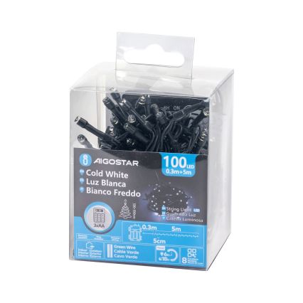 Aigostar - Guirlande de Noël LED d'extérieur 100 LED / 8 fonctions, 3xAA, 5,3 m, IP44, blanc froid