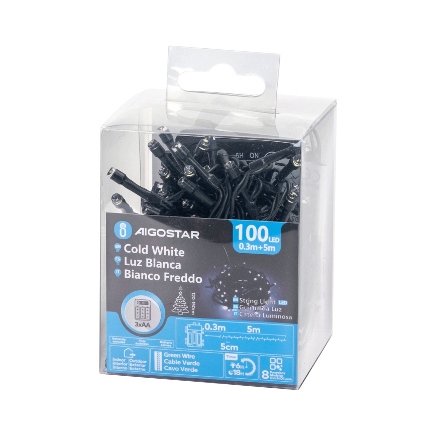 Aigostar - Guirlande de Noël LED d'extérieur 100 LED / 8 fonctions, 3xAA, 5,3 m, IP44, blanc froid