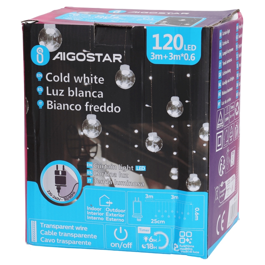 Aigostar - Guirlande de Noël LED extérieure 120 LED / 8 fonctions, 3 x 0,6 m, IP44, blanc froid + télécommande