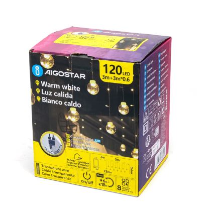 Aigostar - Guirlande LED d'extérieur 120 LED / 8 fonctions 3 x 0,6 m IP44 blanc chaud + télécommande