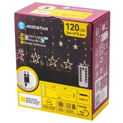 Aigostar - Guirlande LED d'extérieur 120xLED/8 fonctions 3x0,6 m IP44 blanc chaud + télécommande
